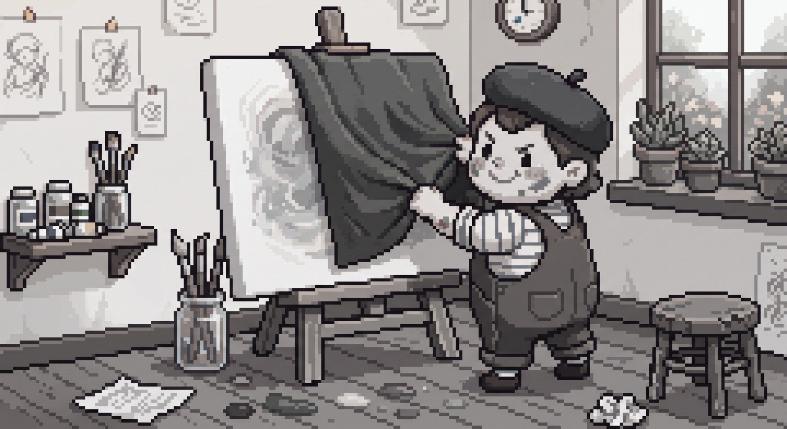 Ilustración: un pintor con boina descubre un lienzo aún sin terminar en su estudio